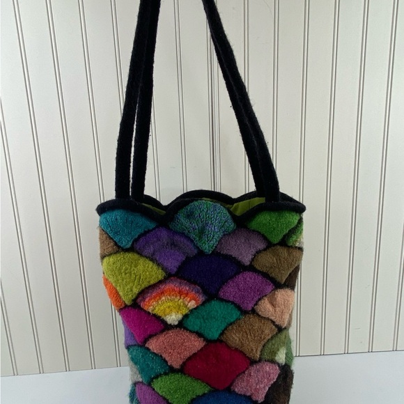 Colorful Felted “Stained Glass” Patchwork Fan Lined Rainbow Fish Hobo Bag Purse - Picture 4 of 13